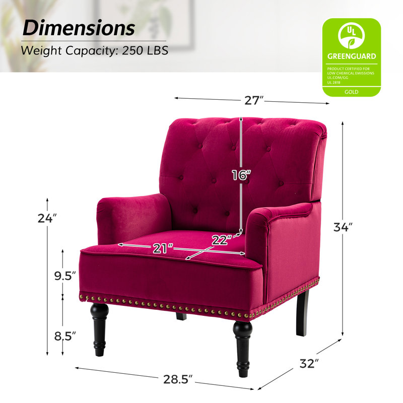 Jakub 28.5" W Velvet Upholstered Tufted Armchair with Nailhead Trim , Burgundy Velvet