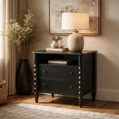 Arifah Transitional 28"W 2-Drawer Spindle-Style Solid Wood Columns End Table with Integrated Power Strip with USB Ports