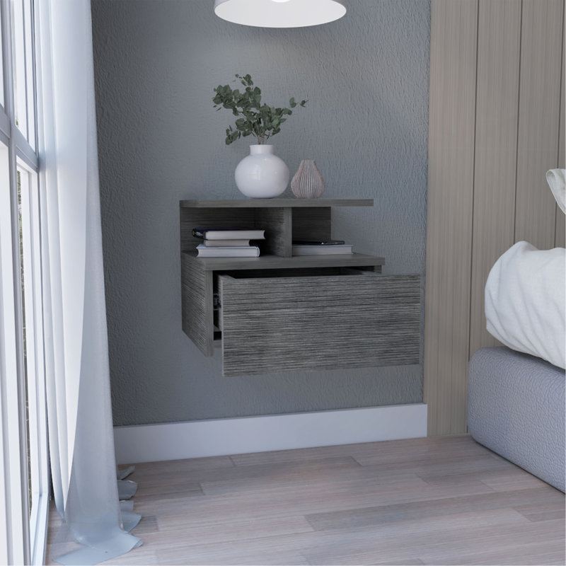 Table de chevet flottante H 12 po, fixation murale avec tiroir simple et tablette à 2 niveaux, chêne fumé