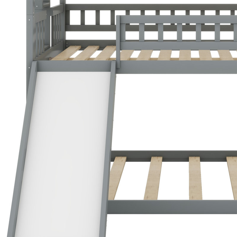 Triple Bed With Built-In Ladder,Slide And Guardrails, Gray