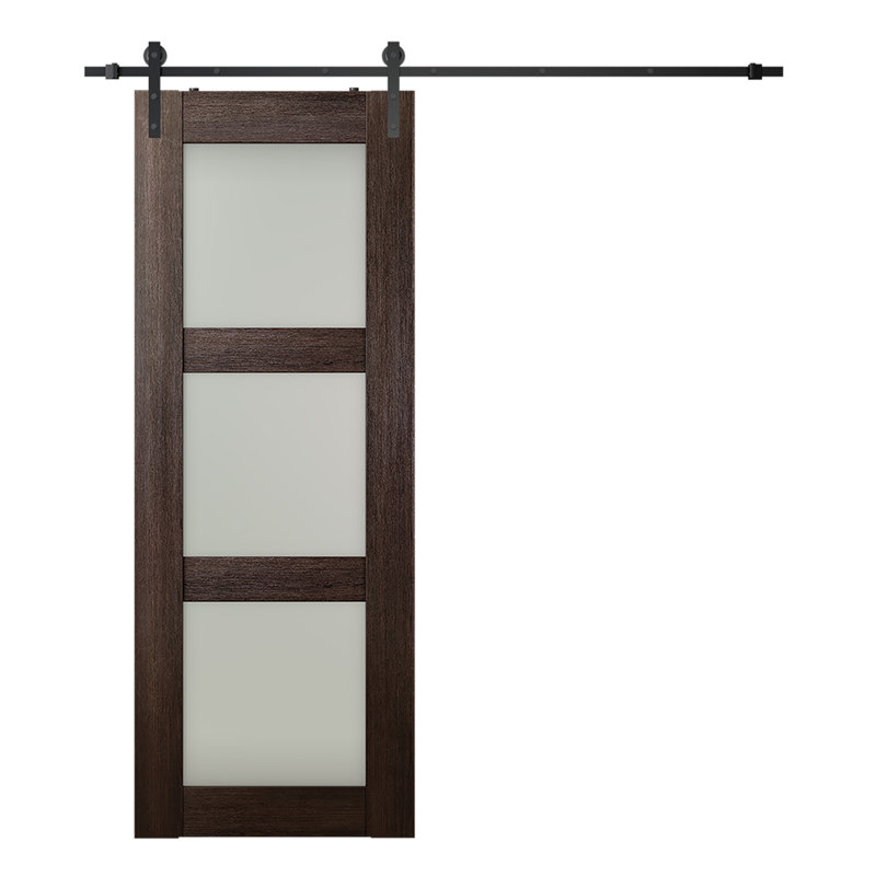 Porte de grange préfinie à panneaux en bois manufacturé Avon 3 Lite, Chêne Veralinga, 31,75 po x 83,23 po
