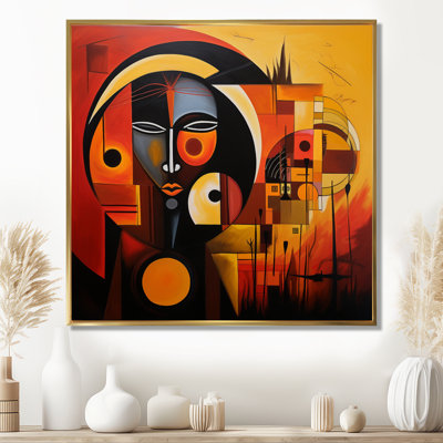 Minimal Geometric Portrait In Yellow And Red - African Mask Wall Art
