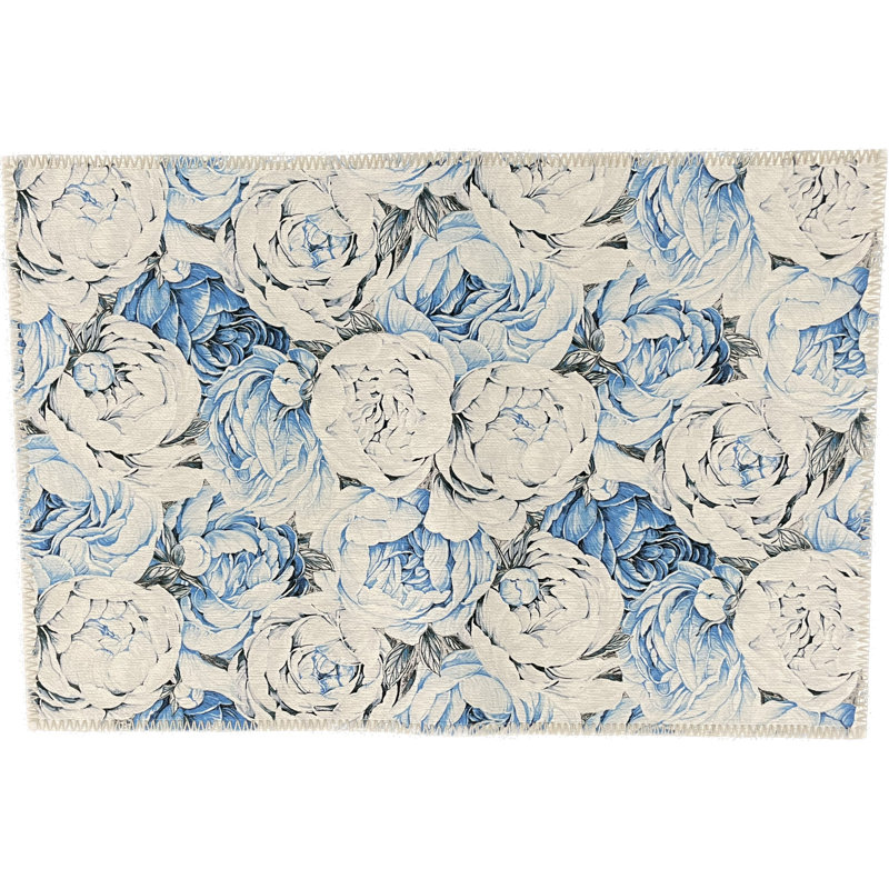 Peony Passion Microfiber Rectangle Washable Rug, Rectangle 3' x 5', Delft White