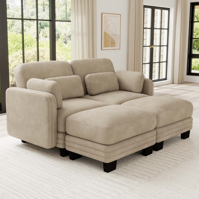Canapé d'angle modulaire capitonné avec poufs amovibles, Beige Chenille