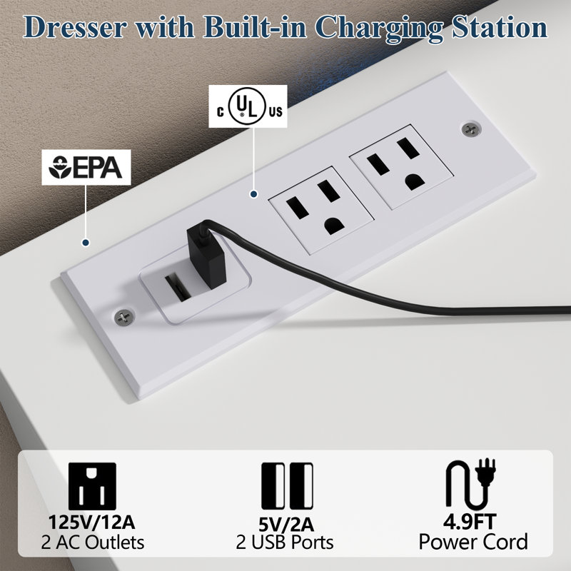 White 12-Drawer Dresser with Charging Station and LED Lights