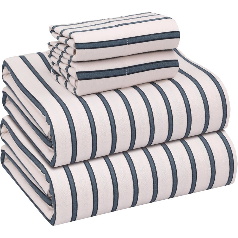 Ensemble de draps en flanelle 100% coton RUVANTI, Lit double, Rayures d'humeur bleu marine