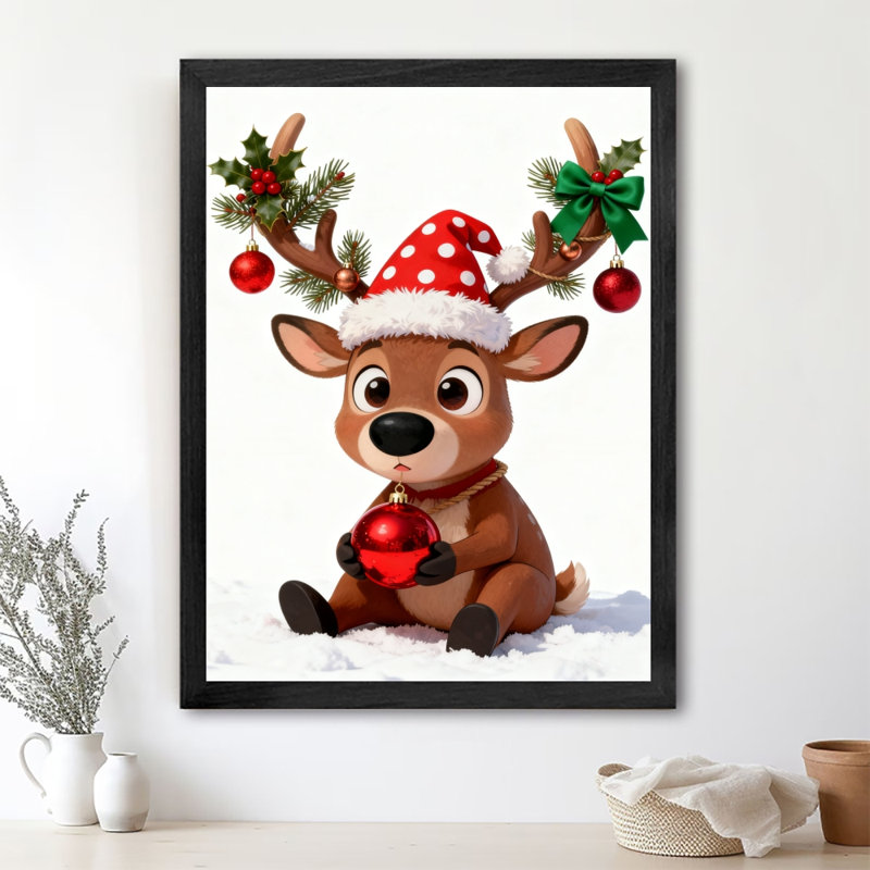 Reproduction d'art encadrée noire rétro Sweet Christmas Doe, H 25 po x l 17 po