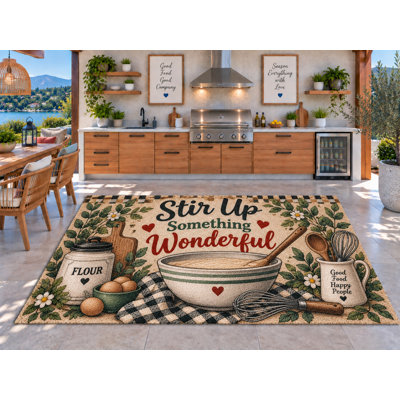 Tapis d'extérieur 152 x 213 cm (5' x 7') « Stir Up Something Wonderful » (Stirez quelque chose de merveilleux) : bol à mélanger, fouet, farine, œuf. Tapis épais, imperméable, en PVC bouclé, séchage rapide, idéal pour l'intérieur et l'extérieur (cuisine, porche, terrasse, entrée).