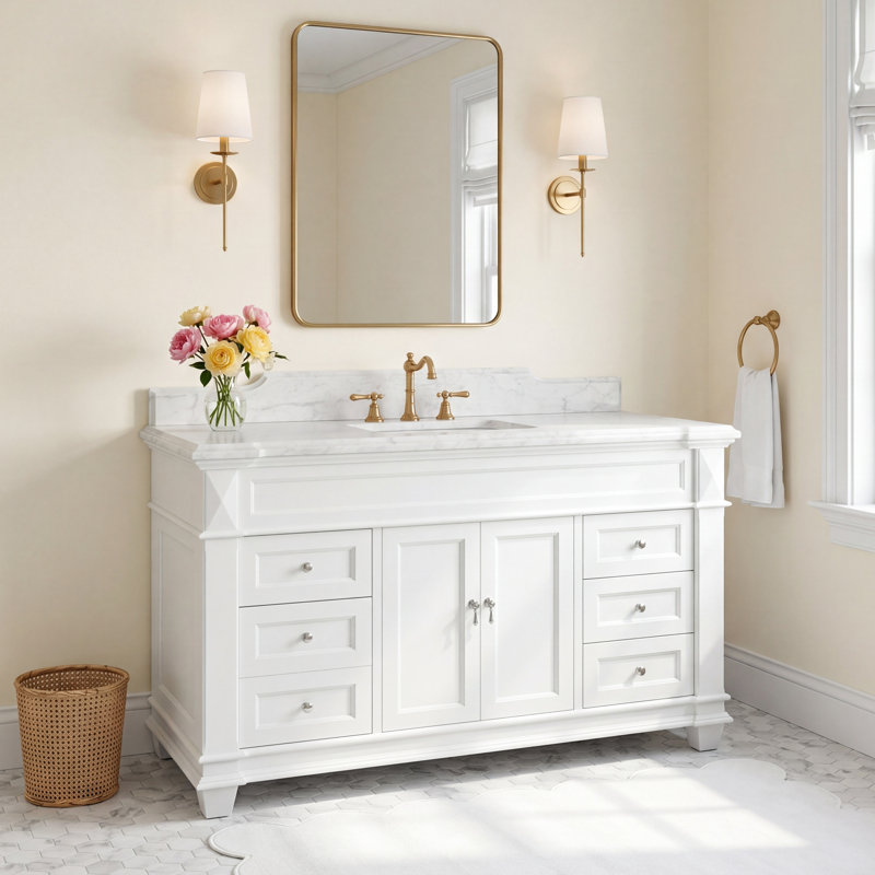 Ensa 60'' Single Bathroom Vanity with Top, White, Carrara Marble