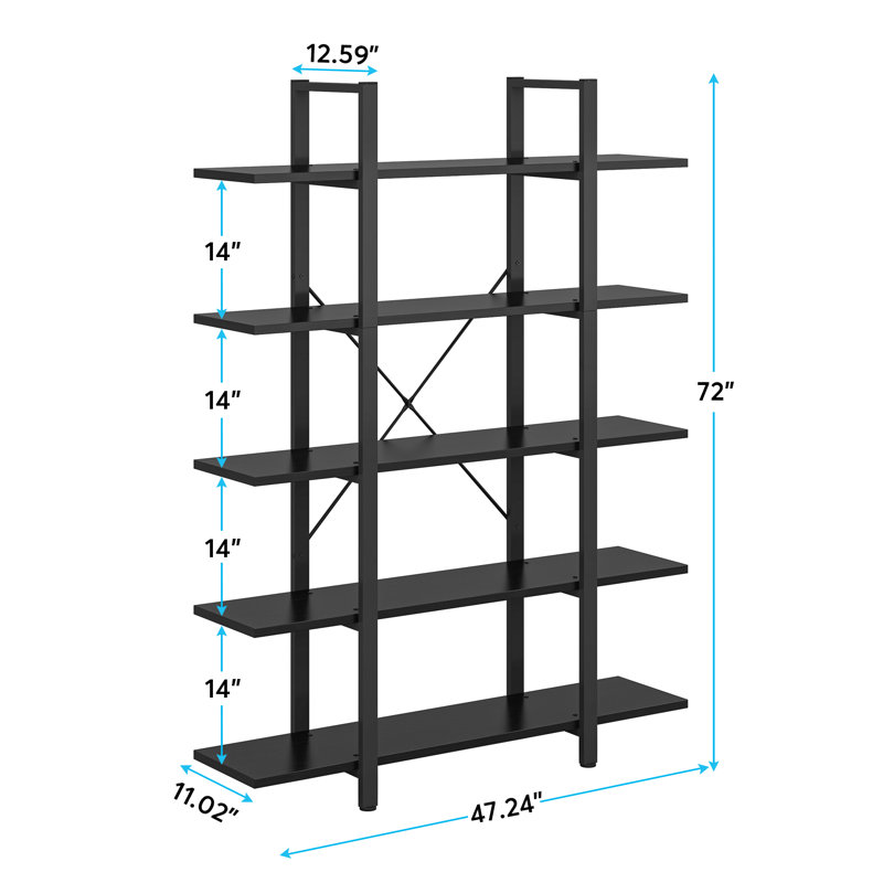 Erilyn 47.24" W  5 -Shelf  Industrial Bookshelf Bookcase, Black/Black