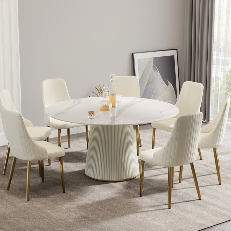Table de salle à manger ronde blanche 59,43 "beige, base en polyuréthane rempli de contreplaqué, bureau en pierre frittée, Scratch, chaleur et feu, pour 8 personnes dans la zone