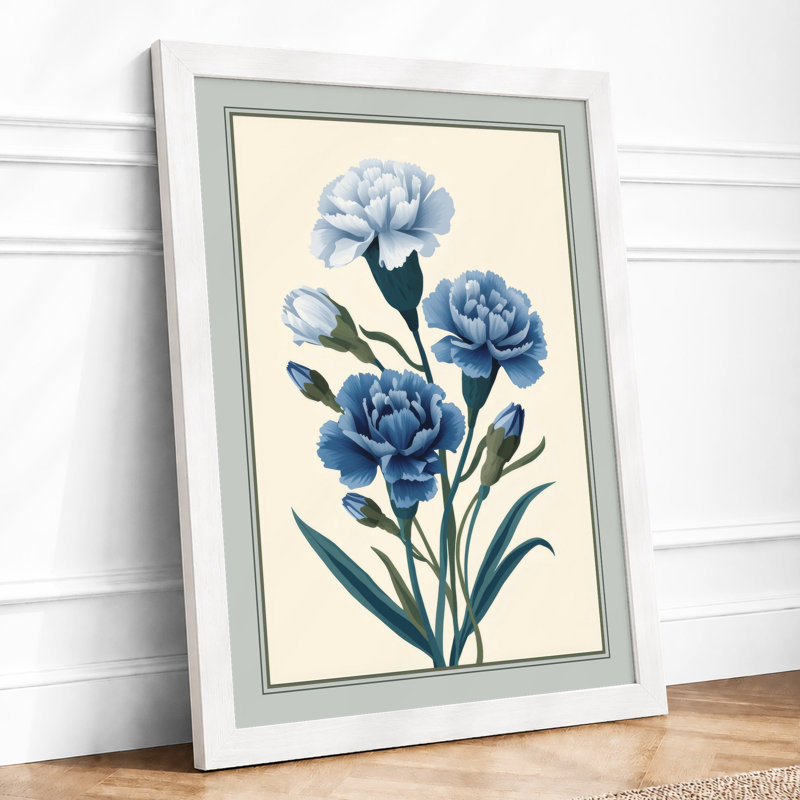Blue Carnations Botanical - Framed Print, A2 - 59.4 x 42.0 cm, White