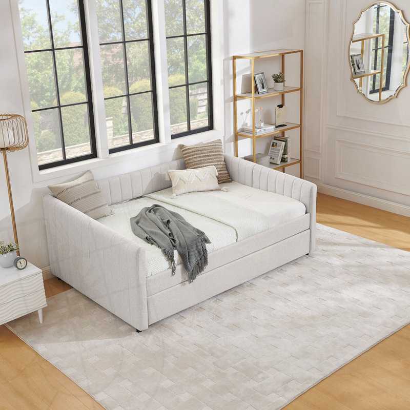 Vertical Stripe Daybed with Trundle, Beige, Full