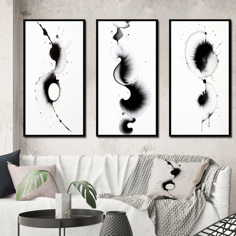 Subtle Ink Monochromatic Symphony IV - Abstract Painting Art Set Of 3 Pieces, Cadre noir, H 40 po x l 60 po