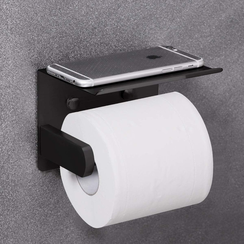 Matte Black Stainless Steel Wall Mounted Toilet Paper Holder with Shelf