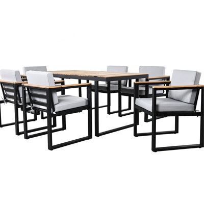 7 Patio Dining In Grey - Table And Chairs With Removable Cushions, Wood Steel, Waterproof Umbrella Hole For Outdoor Delight 7 Pieces , & Strong - Fabric, Included
