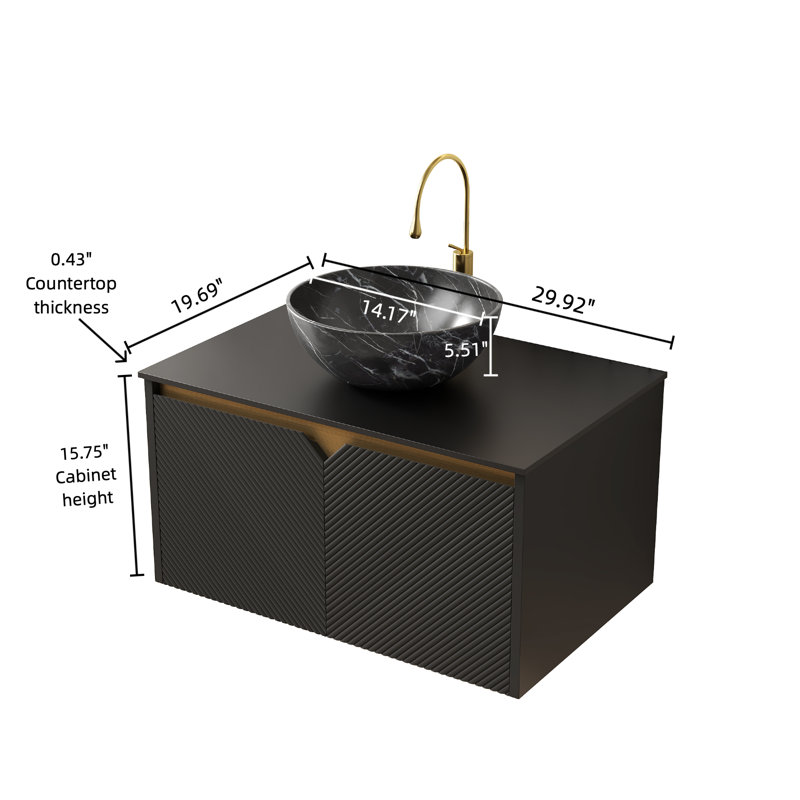 AeroLuxe Modern Wall-Mounted Bathroom Vanity with Marble Pattern Ceramic Basin & Sintered Stone Countertop, 36"