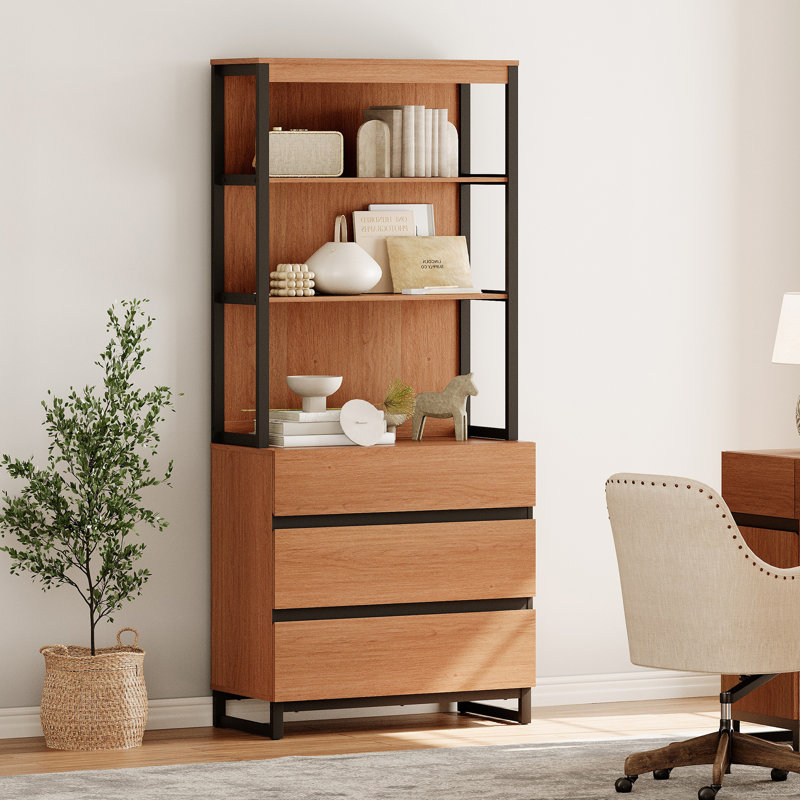 Aadam  Modern 72" Tall Bookcase With 3 Drawers And Open Book Shelfs, Library Book Shelf With Storage Cabinet, Wood Freestanding Bookshelf For Home Office, Living Room,