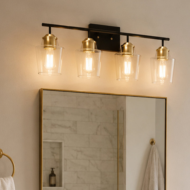 Miroir de salle de bain 30,5 po à 4 lumières câblées avec miroir pour salle de bain style moderne noir et laiton clair