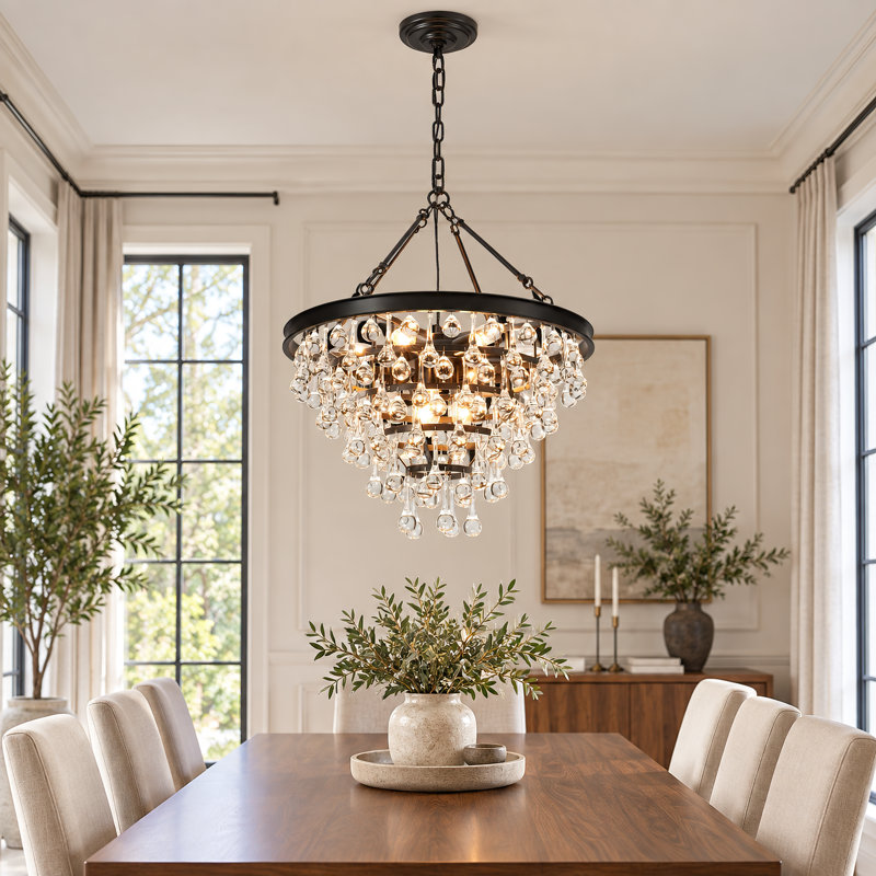 Lustre Fokje à 9 lumières, 61 cm (24 po), 8 niveaux, en cristal noir avec chaîne réglable
