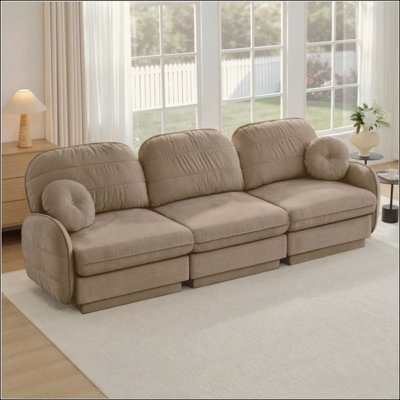 Canapé Chenille Cloud 3 places, coussins ronds et coussins de dossier matelassés exquis, pieds de cadre de base encastrés, assise de conception ergonomique, assemblage facile, canapé à assise profonde pour le salon