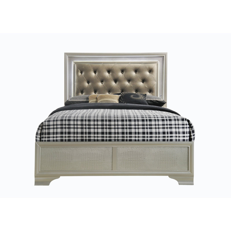 Lit plateforme tapissier Jonte, Grand, Champagne/argent