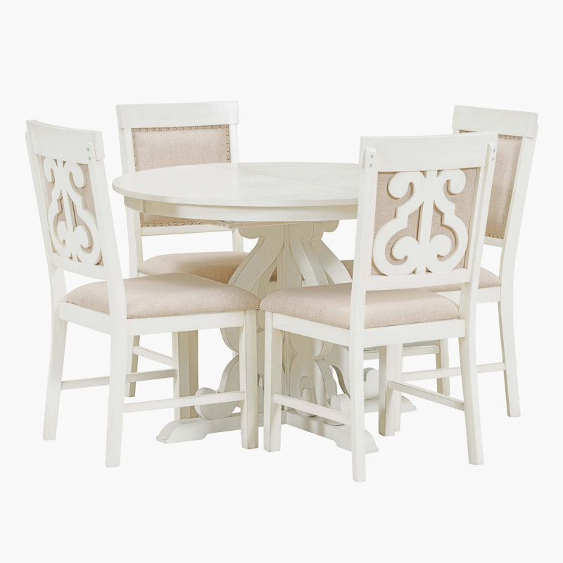 White Extendable Round Pedestal Dining Table Set with Upholstered Chairs