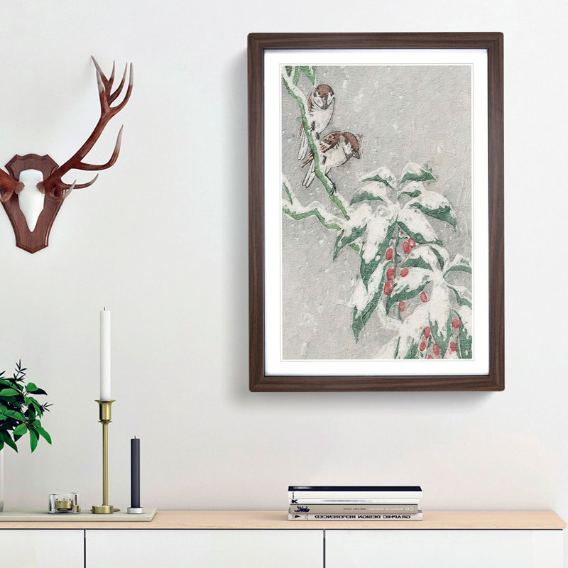Sparrows on a Berry Bush by Ohara Koson - Picture Frame Painting Print, 65cm H x 48cm W x 2cm D, Walnut Framed