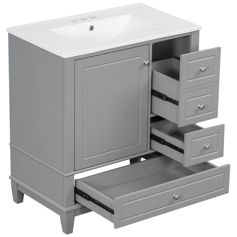 Meuble-lavabo avec lavabo, tablette et tiroirs, Gris, Argent argent