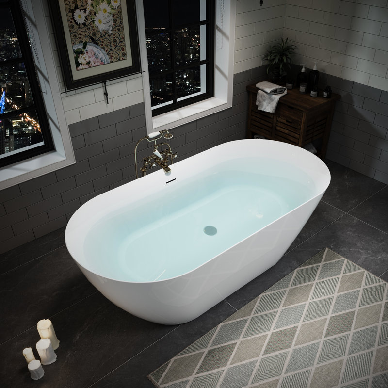 Baignoire en acrylique blanc brillant de 63 po, autoportante pour spa de salle de bain, avec système de colmatage et forme de berceau avec drainage double isolation