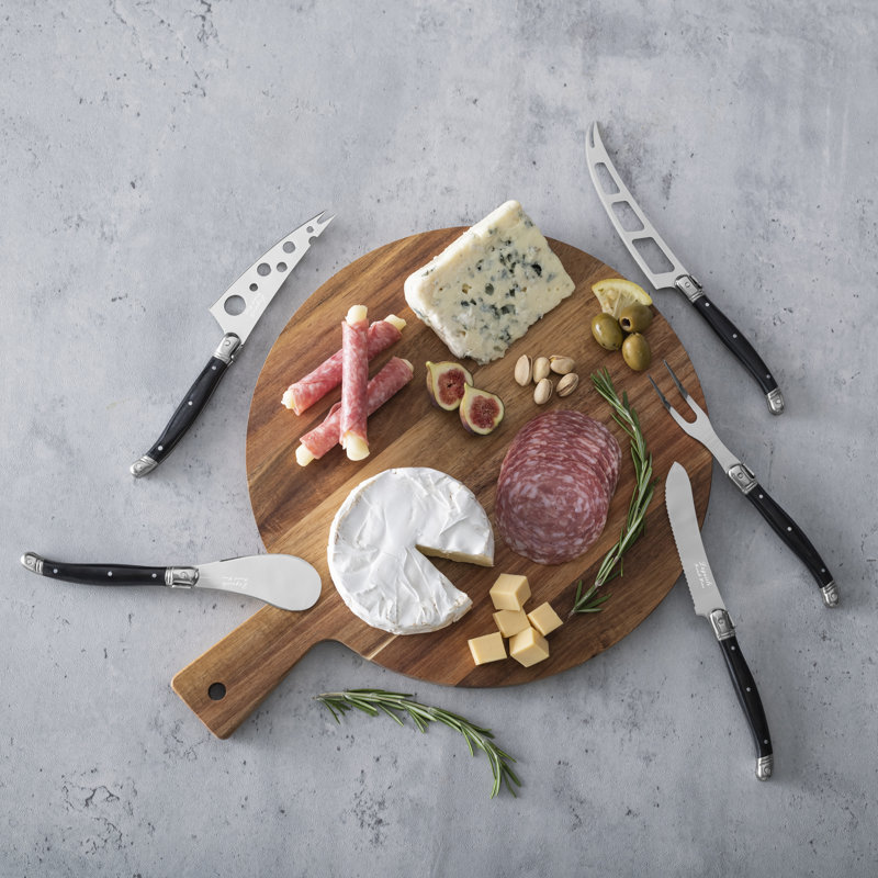 French Home Laguiole 6-Piece Black Pakkawood Artisan Cheese Knife Set And Round Wood Board
