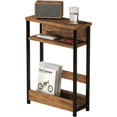 Narrow Side Table with Storage Shelf, 3-Tier Slim End Table with Magazine Holder, Modern Sofa Thin Tables for Small Spaces Skinny Bedside Tables Nightstand with Magazine Rack Tiger Stripe