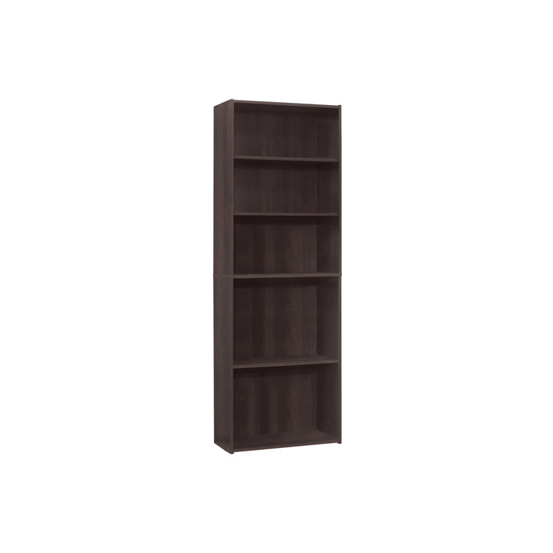 Bibliothèque à 6 niveaux, 72 po de hauteur, solution de rangement pour chambre de bureau, stratifié brun, style transitionnel, 3 tablettes réglables et 2 fixes, peu encombrantes, finition élégante, quincaillerie basculante pour plus de sécurité,