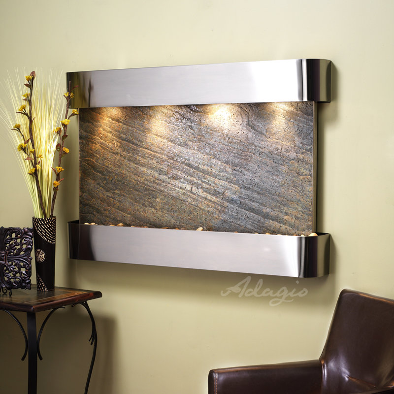 Indoor Acrylic Waterfall Fountain with Lights, Stainless Steel, Green Feather
