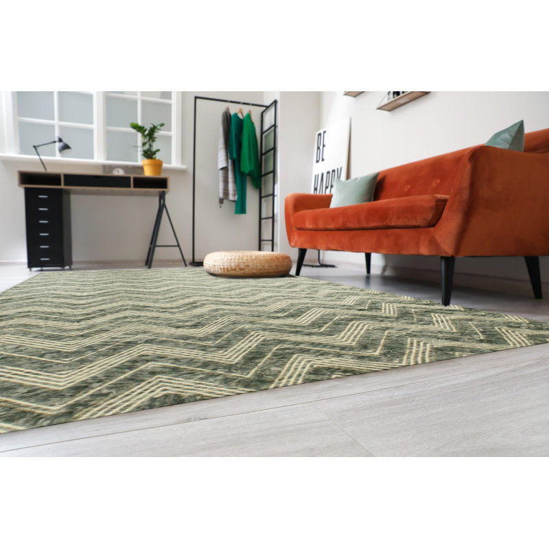 5x8 Green Hand-Knotted Wool Chevron Pile Texture Geometric Modern Contemporary Carpet Rug