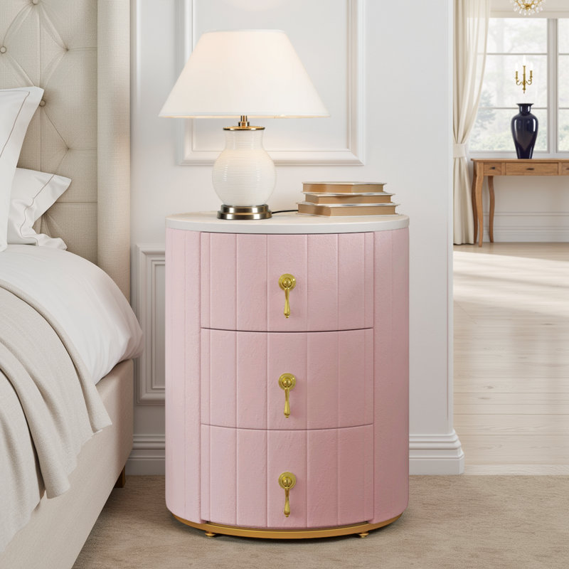 Table de chevet 3 tiroirs en velours avec dessus marbré, entièrement assemblée (poignées seulement), Rose