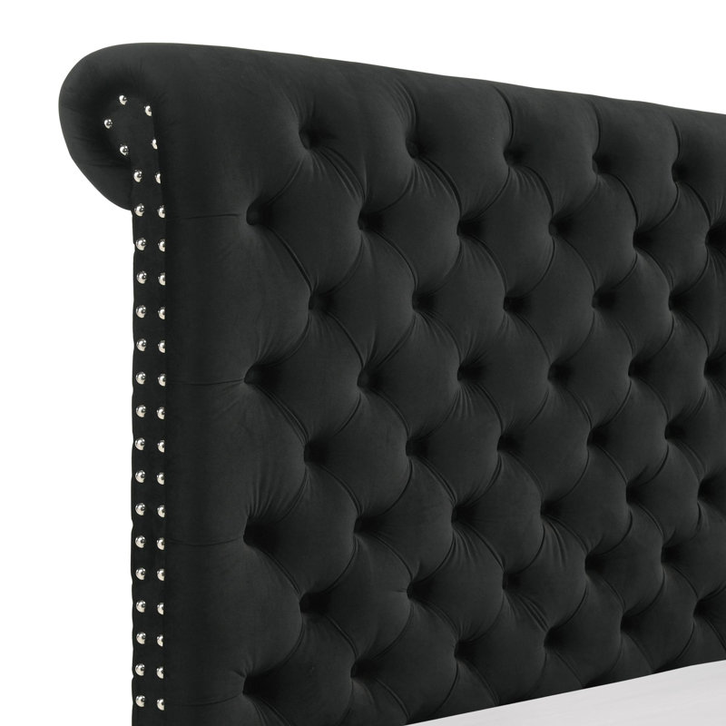 1pc Unique Round Plush Black Velvet Button-Tufted Detailing Storage Bed, King
