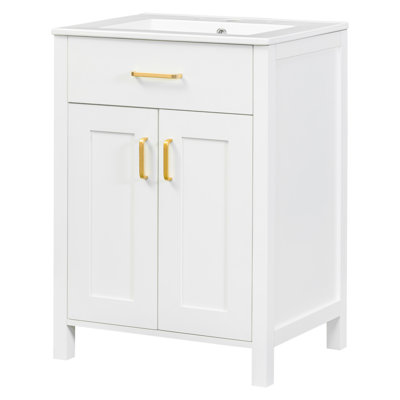 Meuble-lavabo 24 po avec lavabo en céramique - Glamour compact. L 24,2 po x P 18,5 po x H 34 po. Noyau en bois massif, surfaces. Quincaillerie dorée. Rangement spacieux. Intérieur réglable. Luminaire moderne avec espace élégant