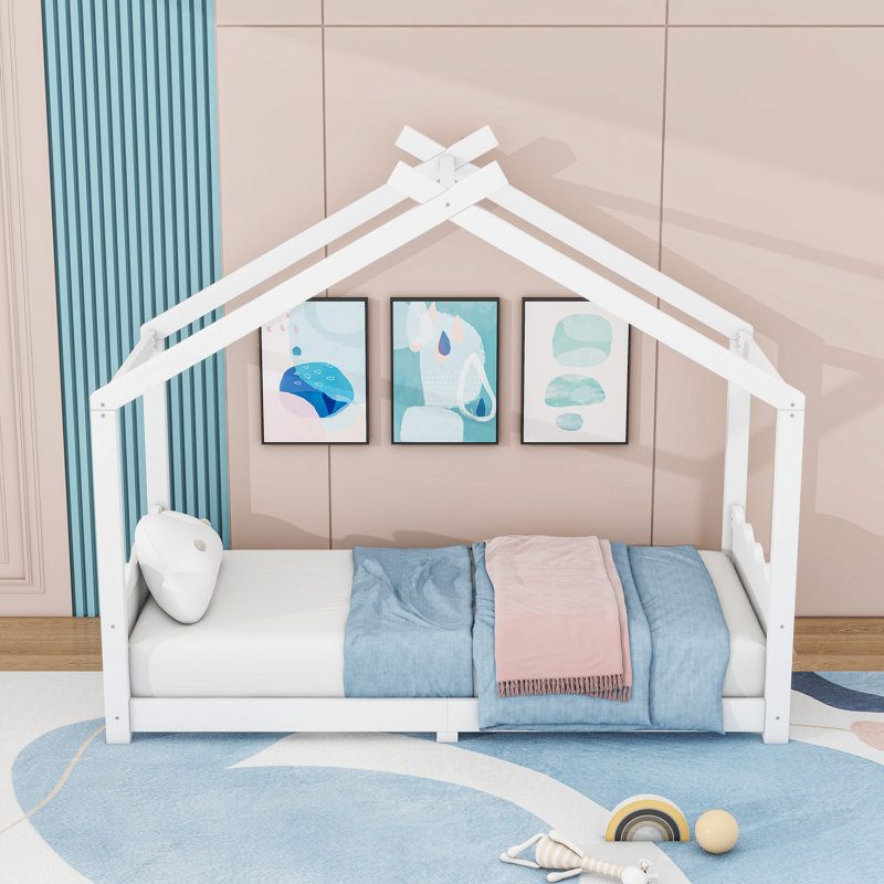 Montessori House Floor Bed with Center Support Legs, Low‑Profile Safe Design, Twin, White