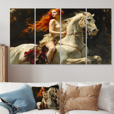 «Wild Lady Godiva On White Horse - Modern Woman», art mural sur toile 4 pièces