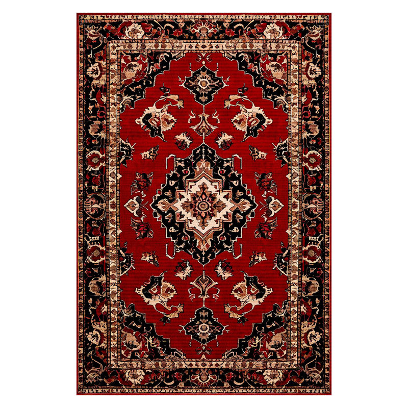 Guria Red/Brown/Black Oriental Vintage Look Machine Printed Cotton Chenille Area Rug, Rectangle 5'3" x 6'7"