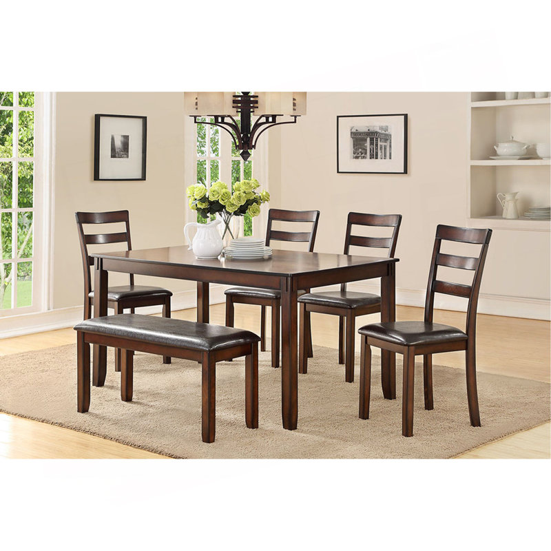 6 pièces-Ensemble de salle à manger de style classique, table rectangulaire, 4 chaises d'appoint et banc, meubles de salle à manger, panneau de fibres à densité moyenne, bois d'hévéa