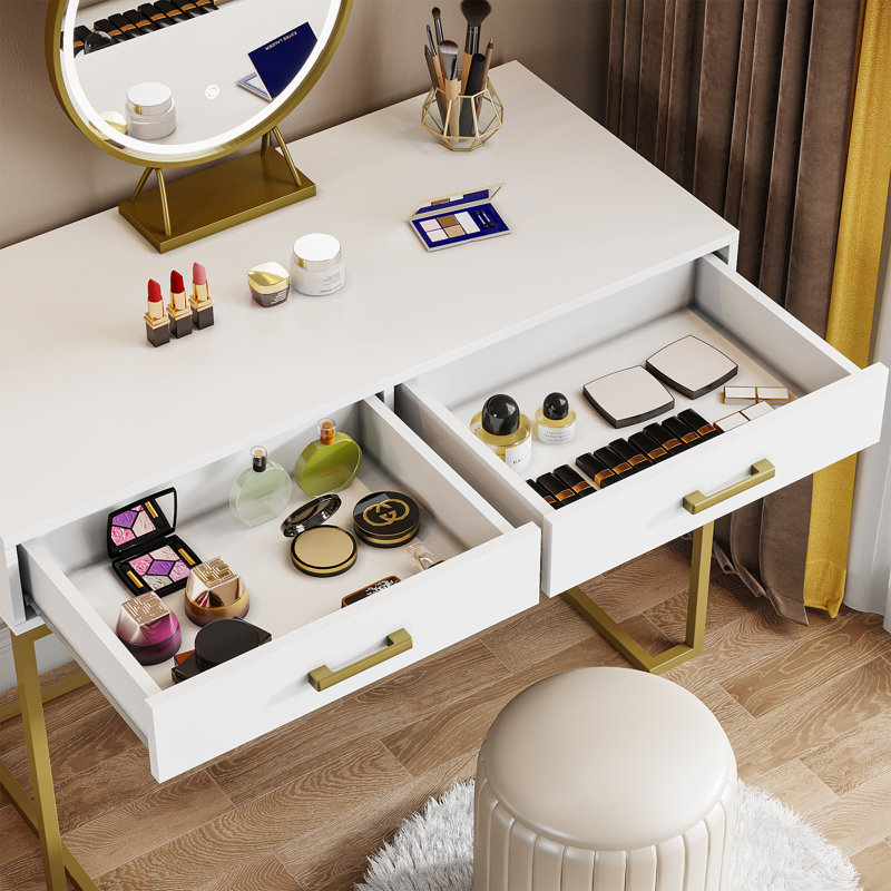 Secil Modern Desk with 2 Drawers, Gold, 29.9" H x 41.7" W x 19.7" D