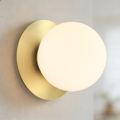 1-light Damp Rated Brass Wall Sconce With White Glass Shade 