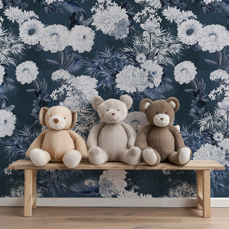 Luxury Floral Japandi Wallpaper, Navy