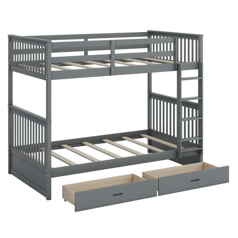 Bunk Bed With Ladder And Two Storage Drawers, Gray