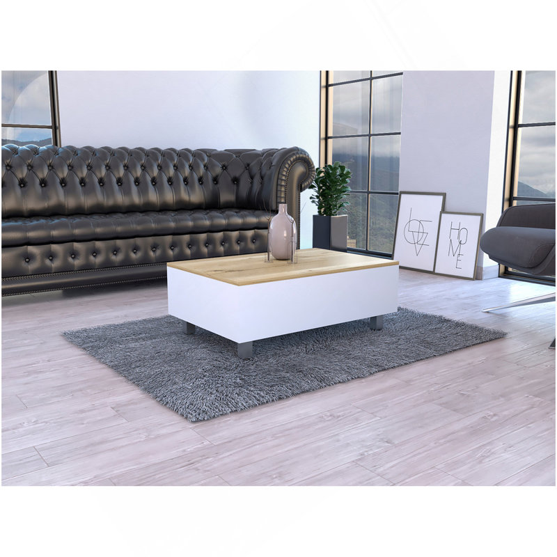 Table basse à plateau relevable Aran, compartiment de rangement, blanc / chêne clair