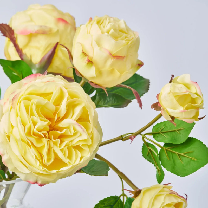 Real Touch Yellow Floribunda Rose Bloom & Bud Spring Water Illusion Arrangement in Layered Vase