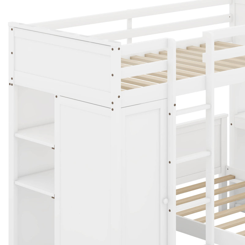 Lit mezzanine simple avec lit autonome, tablettes, bureau et garde-robe, Blanc