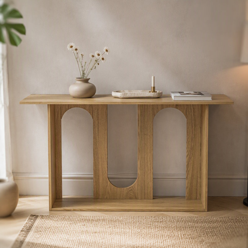 Console moderne et courbée en placage de frêne avec tablette, convenant à l'entrée, au couloir, au vestibule, au couloir